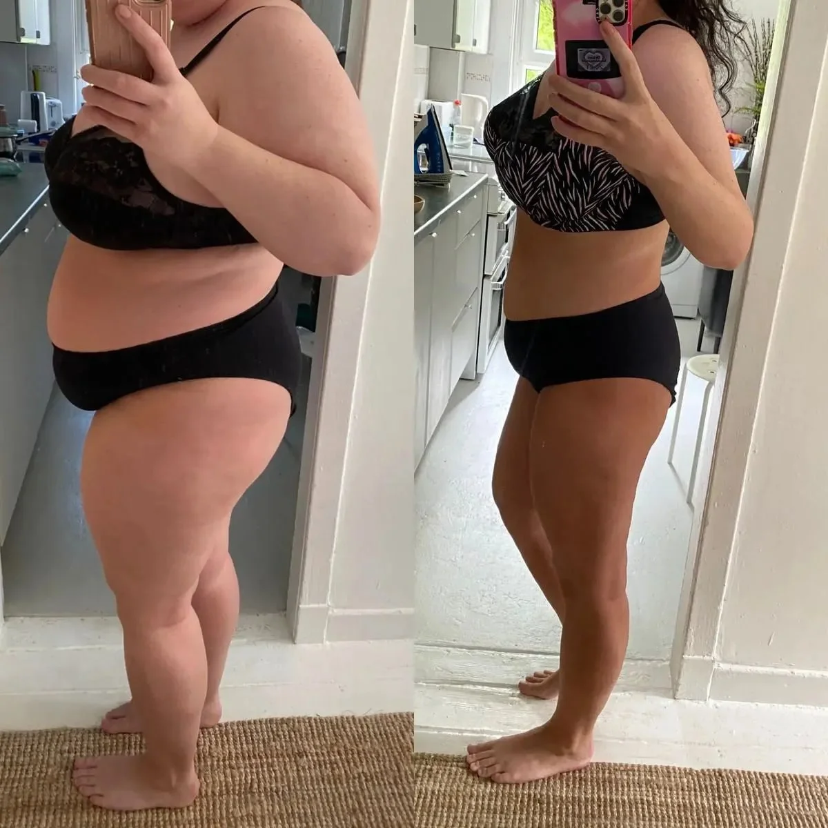 Before and after: Sarah R. in black outfit, showing reduced belly fat and better balance with Flash Burn