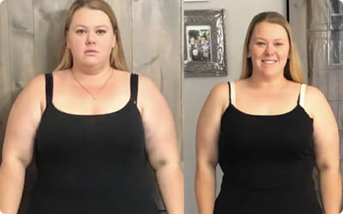 Before and after: Michelle T. in black top, showing Flash Burn weight loss results